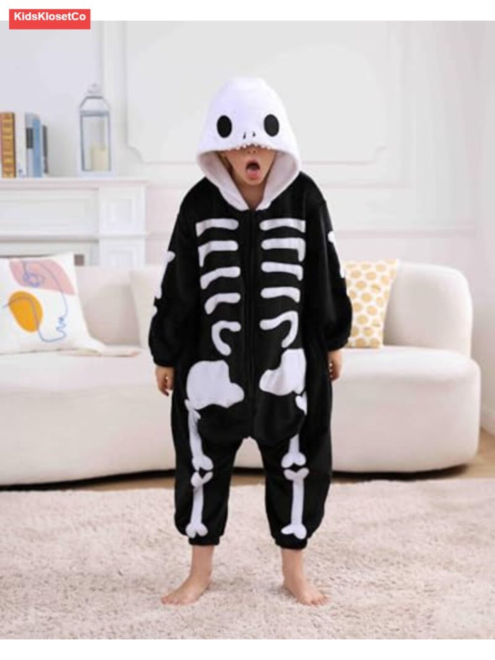 Kids Skeleton Onesie Pajamas Flannel Fleece Halloween Costume Cosplay with Hood - Picture 2 of 5